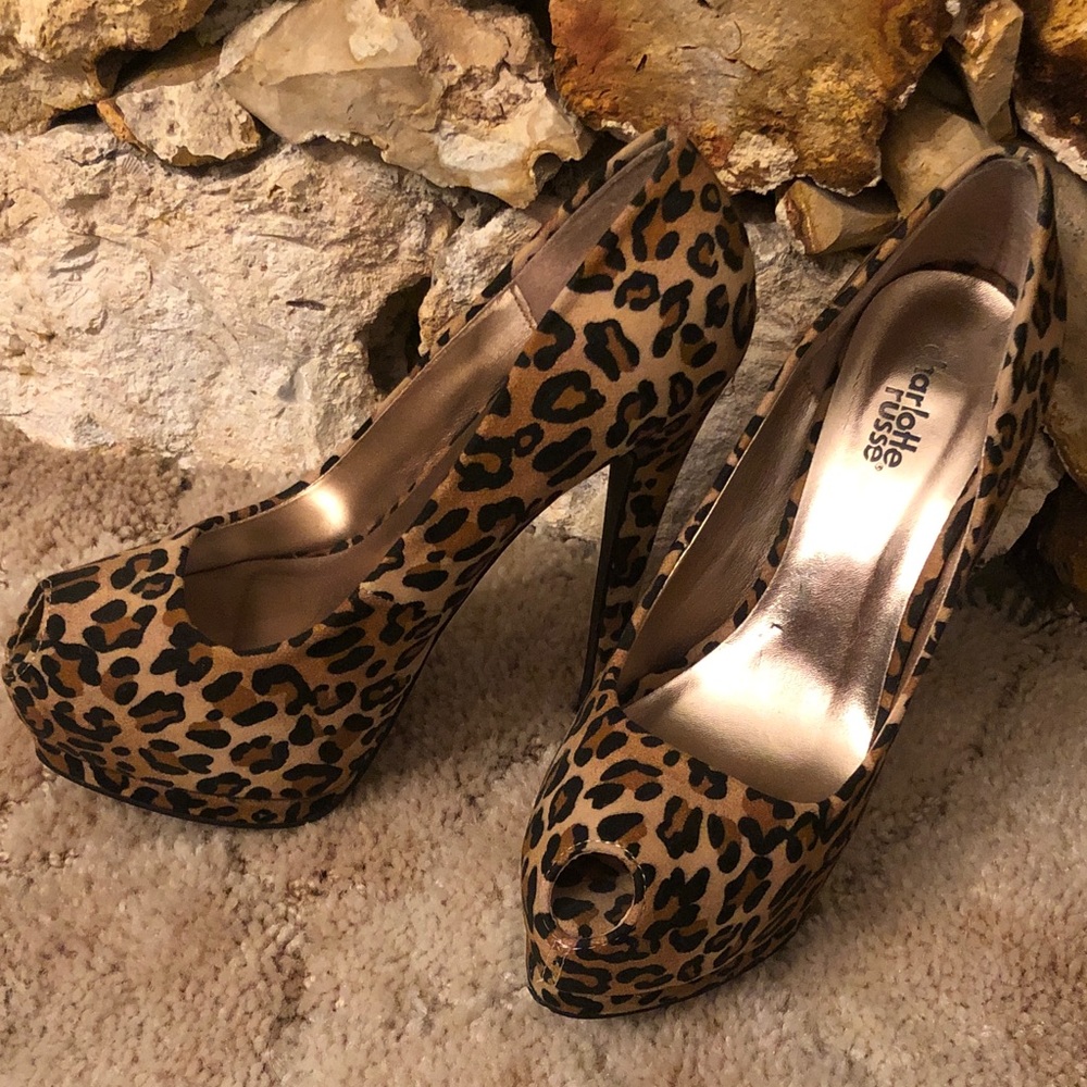 Charlotte Russe Leopard Print Peep-Toe Platform Pumps - Brown/Black